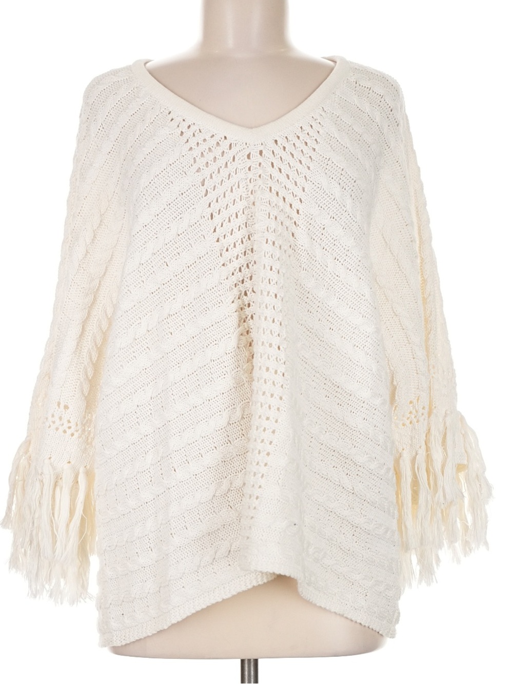 Cream V-Neck Fringe Knit Poncho